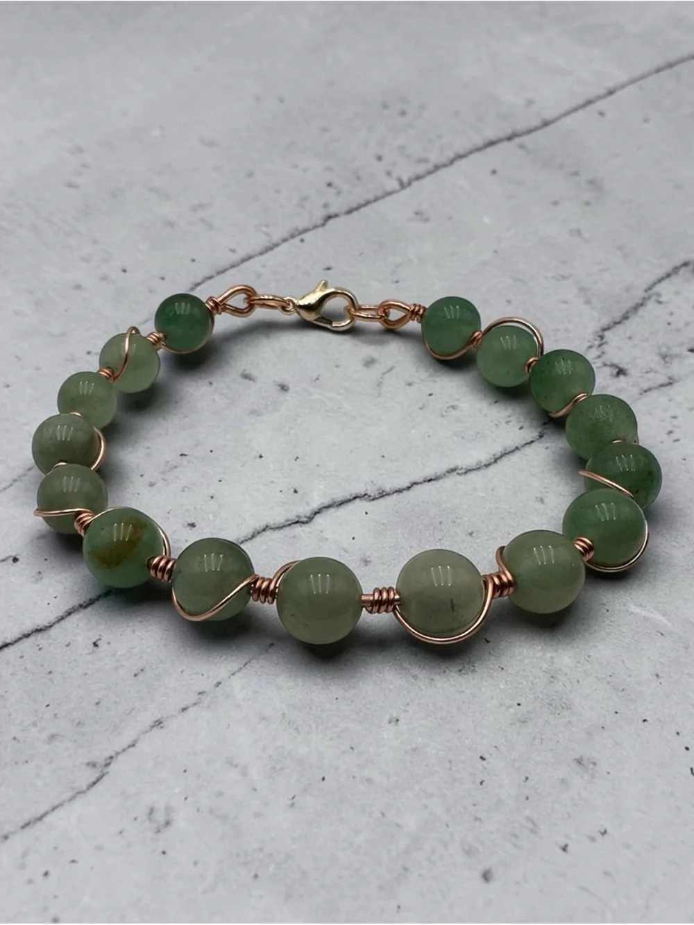 Handmade Green Aventurine Wire Wrapped Bracelet Rose Gold Copper Boho Jewelry